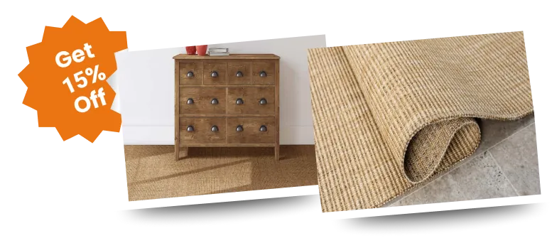 Textured beige sisal rug under wooden chest.