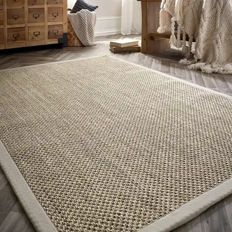 Textured loop-pile sisal carpet area rug with a cream canvas border